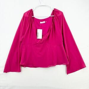 Heatherly Hot Pink Y2K V Neck Flared Sleeve Semi Sheer NWT Blouse Size XXL
